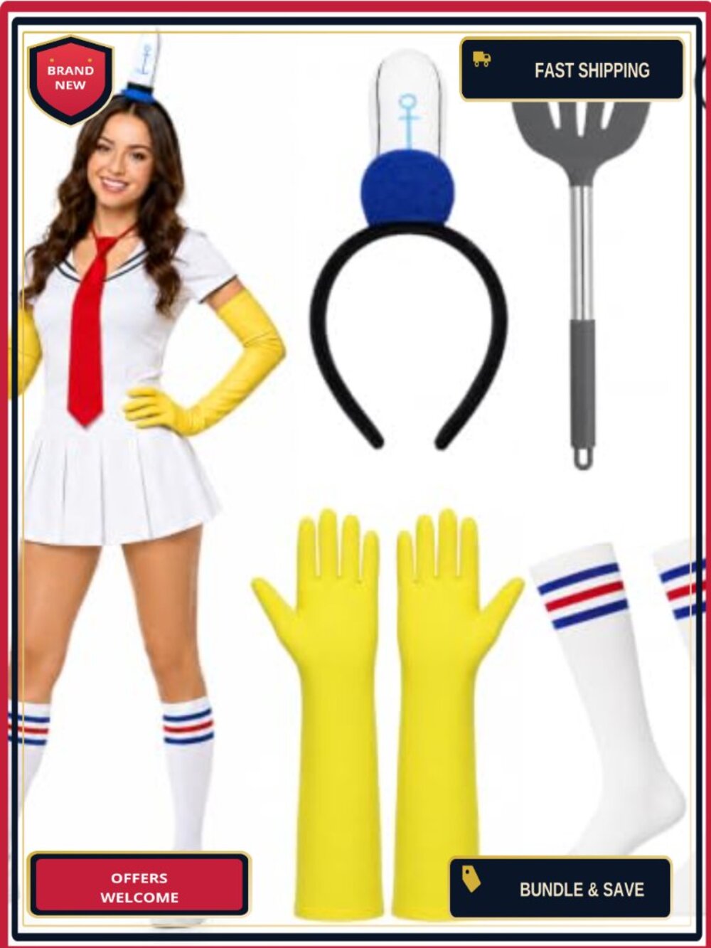 Sailor Costume Accessory Set Headband Tie Gloves Socks Shovel Adult